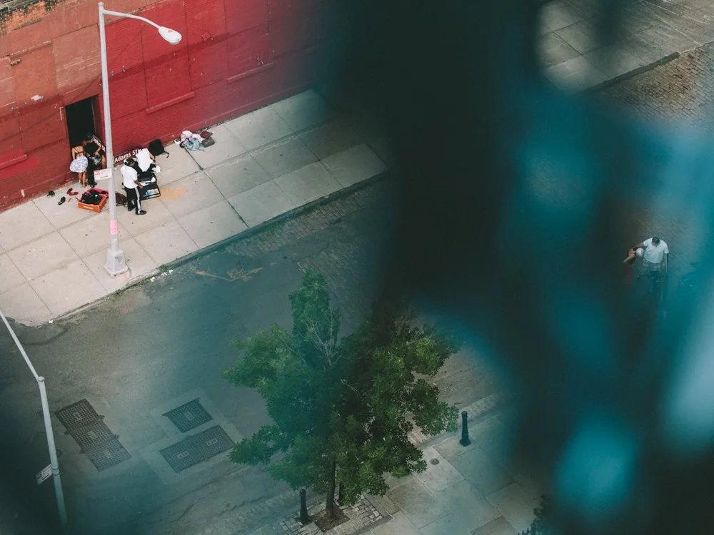 Overhead view of a New York sidewalk with a tree and a red wall