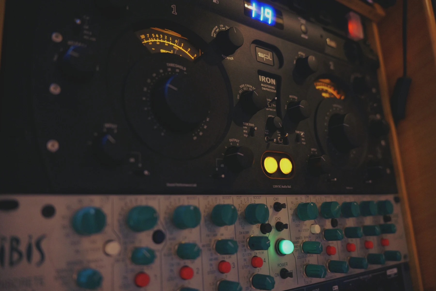 Close-up of studio audio processing equipment